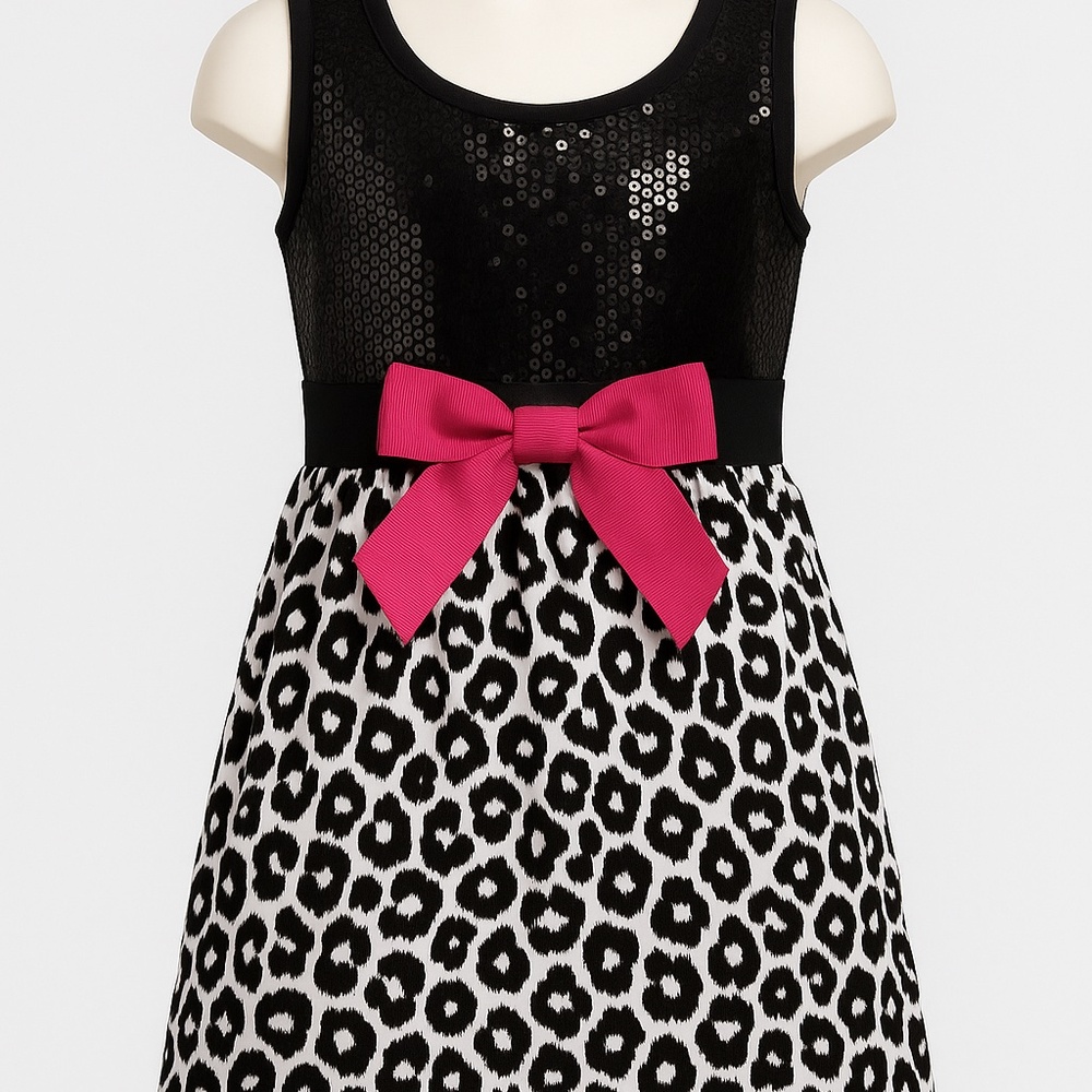 American Princess Black Sequin & Leopard Print Party Dress with Pink Bow